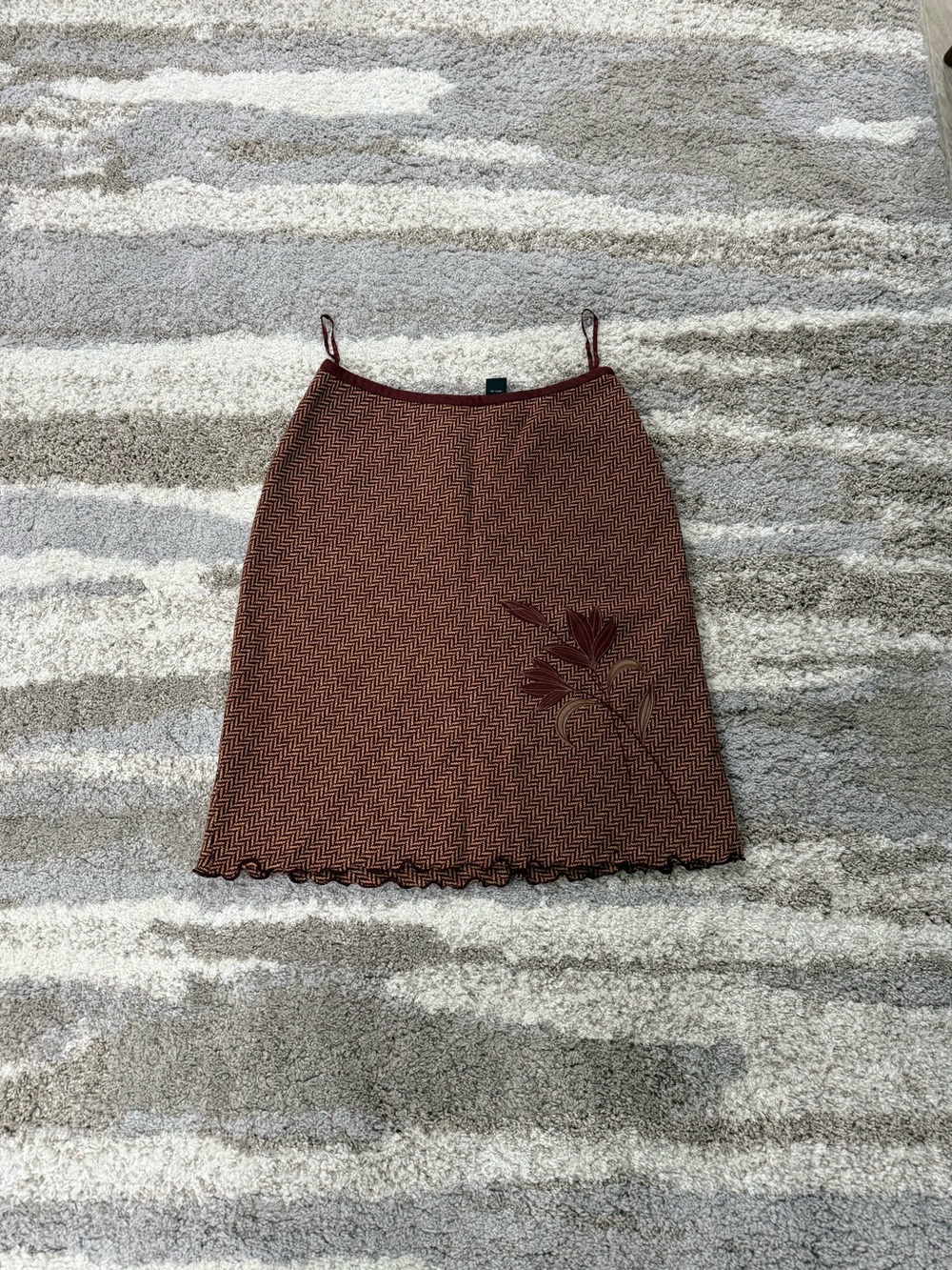 Vintage Rust and Brown Patterned Midi Skirt with Floral Accent